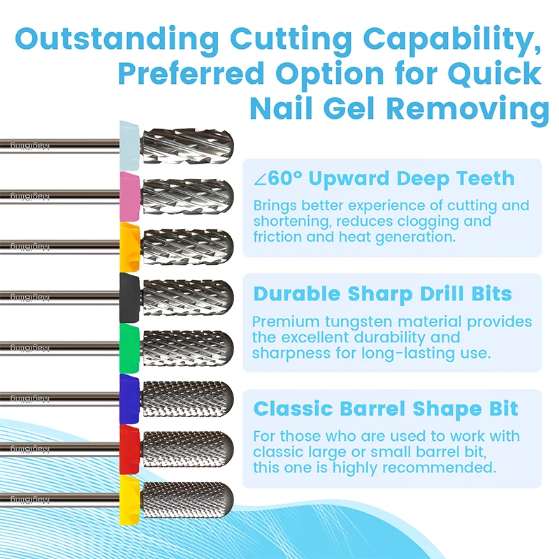 MagiBling Super Cut Small Barrel Nail Drill Bits Tungsten Carbide Upward Teeth Cuticle Hard Gel Polishing Removal Tools 3/32'' 2