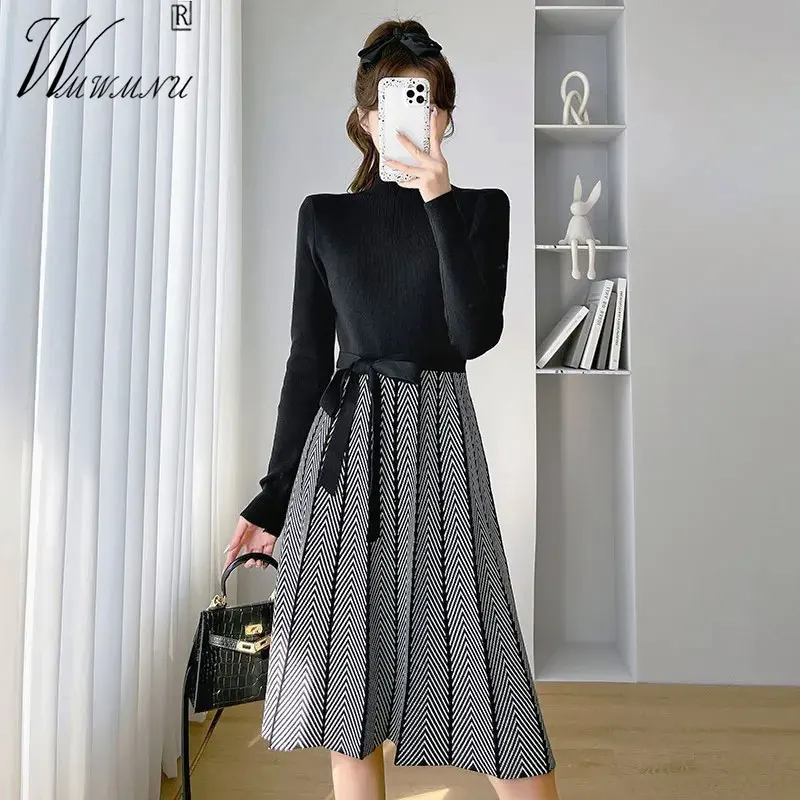 

Korean Fashion Slim Knitted Dress Women Black Stripe Knitwear Vestidos Knee Length Sweet Soft Dresses 2024 Fall Sweater Elbise