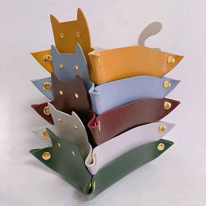 귀여운 고양이 모양 가죽 보관 트레이 주사위 상자, 동전 데스크탑 쥬얼리 상자, 메이크업 키 트레이, DIY 가정용 접이식 트레이 보관 케이스