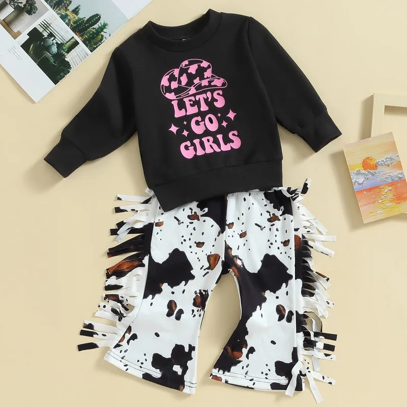 

Toddler Children Girl Pant Sets Autumn Clothes 2 Piece Outfits Letter Long Sleeve Sweatshirt and Cow Flare Pants with Tassels