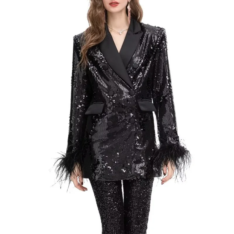 

Sequins Black Blazer For Women Notched Collar Long Sleeve Patchwork Feathers Cuff Solid Blazers Female Clothing New