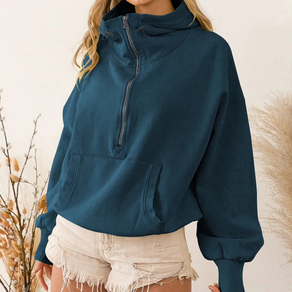 Women's solid autumn hoodies lazy style zip up loose sportswear