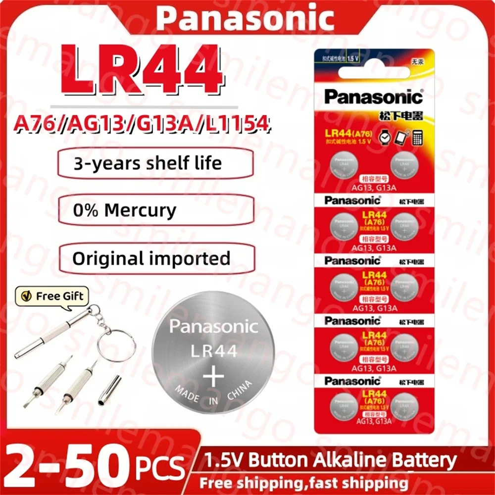 Panasonic 2-50PCS A76 LR44 AG13 357 SR1154 SR44 LR 44 1.5V Alkaline Batteries For Watch Calculator Toy Remote Button Coin Cell