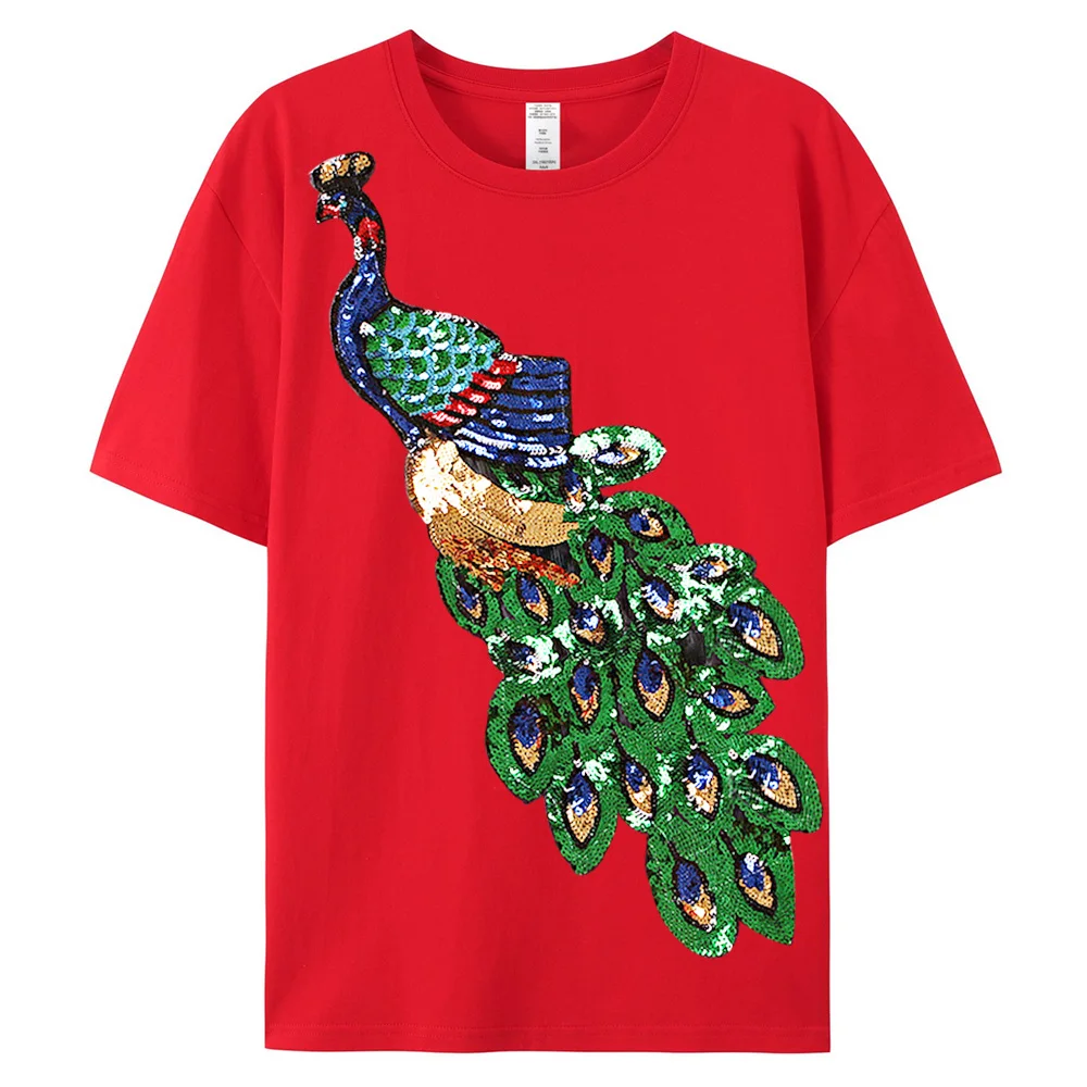 Women's Cotton T Shirts Short Sleeve Peacock Sequins Top For