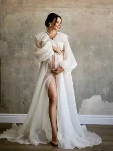 Ivory Maternity Gown for Women Long Sleeves Prom Dresses Organza Photoshoot Boudoir Lingerie Ladies Pregnancy Dress