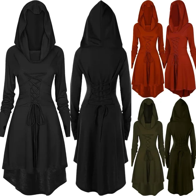 Retro Medieval Long Sleeve Slim Fit Dress Renaissance Cosplay Performance Gown Women Knee Length round Neck Bell Sleeve