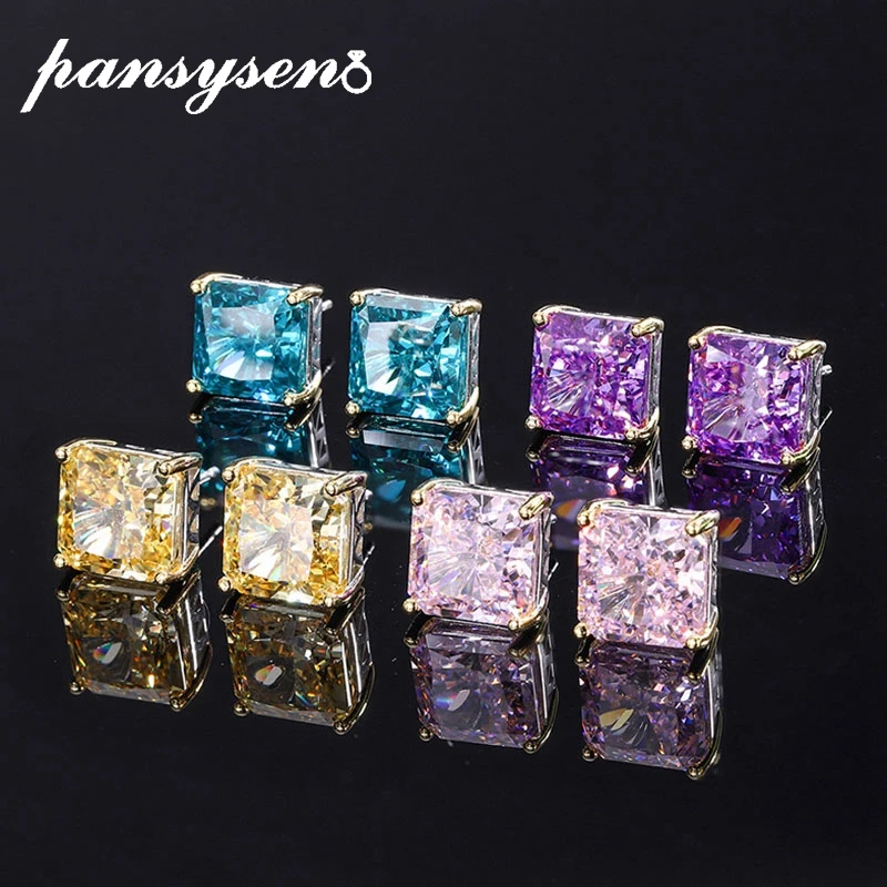 

PANSYSEN 925 Sterling Silver 10MM Crushed Ice Cut Citrine Sapphite High Carbon Diamond Stud Earrings Wedding Party Women Jewelry