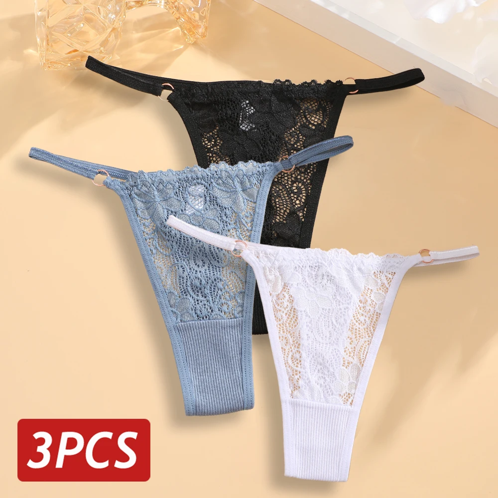 thumbnail image 1 of Tangas de encaje para mujer, 3 uds., bragas de algodón, ropa interior Sexy transparente de tiro bajo, lencería transpirable, anillo de Metal, Tanga con correa fina, 1 of 5