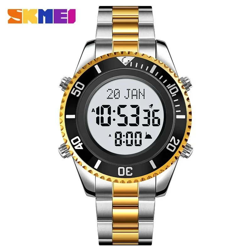 

SKMEI Stainless Steel Digital Watch Muslim Azan Prayer Compass Clock Adhan Alarm Hijri Islamic Wristwatch with Back Light 2141