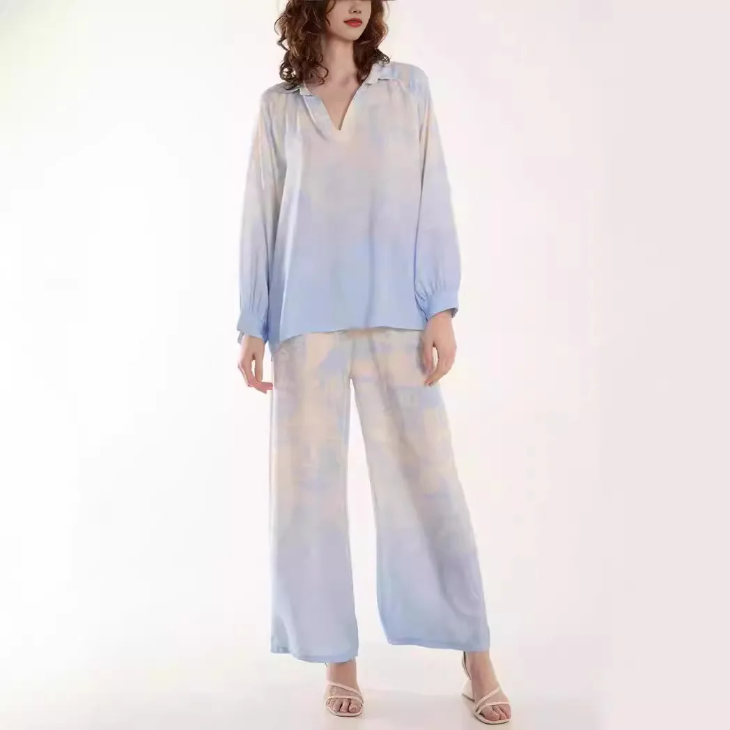 Elegante stampa camicia pantaloni pigiama per le donne due pezzi Set allentato scollo a V manica lunga camicetta Pnats vestito Loungewear abiti da donna