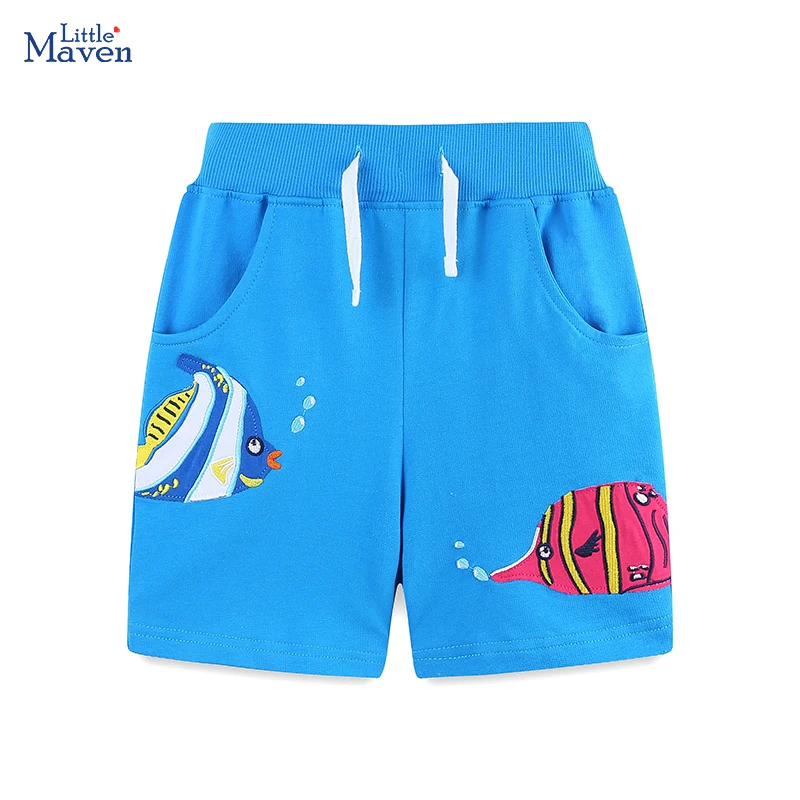 Summer Boys Shorts Blue Cartoon Fish Beach Pant Kids Clothes Baby Boys Sporty Shorts Knit Cotton Comfort