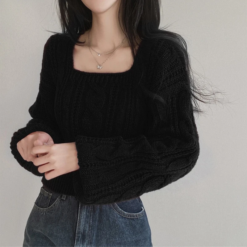 New Autumn and Winter Women's Lantern Sleeves Solid Color Square Neck Sweater Elegant Pullover Long-sleeved Knitted Sweater