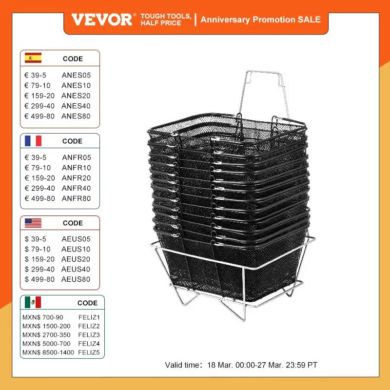 

VEVOR 12Pcs Black Shopping Basket Cart with Handles Portable Wire Stackable Supermarket Shopping Set for Laundry Grocery Luggage