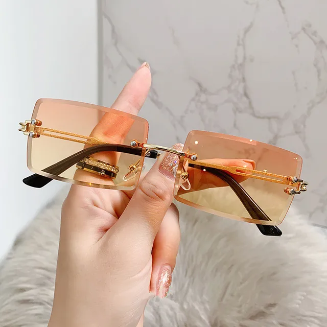 Vintage Fashion Frameless Sunglasses for Women Rimless Rectangle Shades Gradient UV400 Summer Traveling Sun Glasses 2022 Eyewear Gold Orange