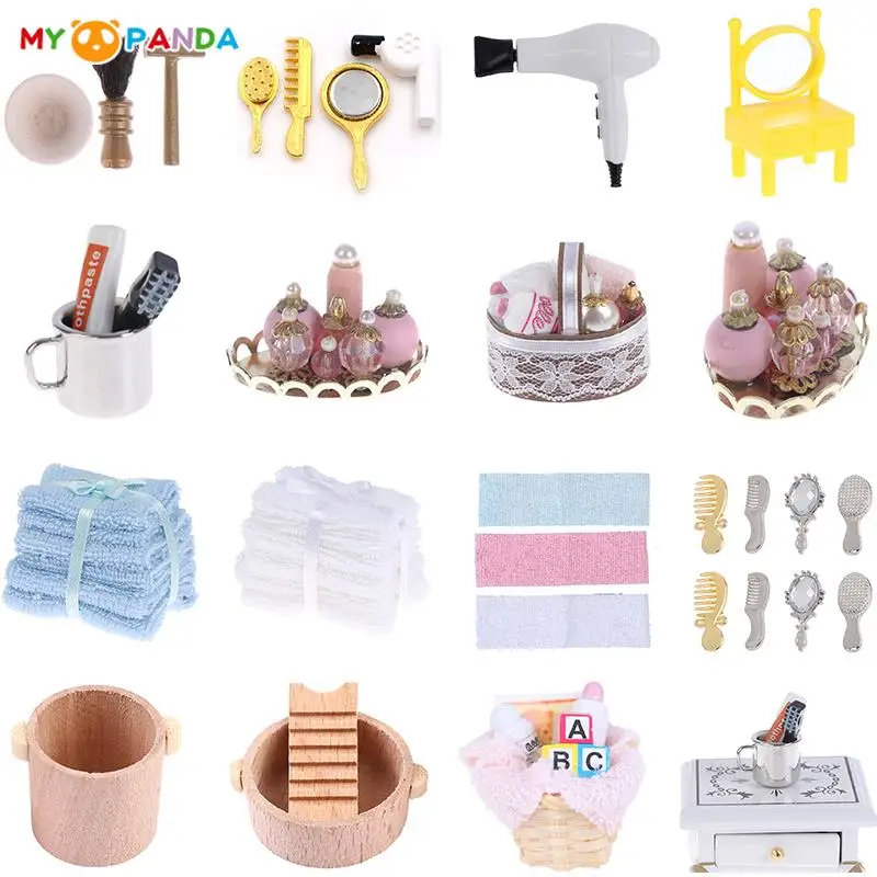 1:12 Dollhouse Miniature Bathroom Supplies Basket Towel Bucket Toothbrush Toothpaste Hair Dryer Mirror Bathroom Furniture Acce