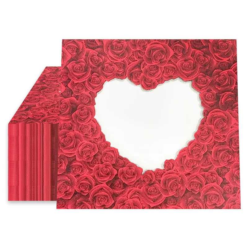 20Pcs/pack 33x33cm Red Rose Flower Love Heart Table Dinner Napkins Paper Valentine's Day Wedding Party Decor