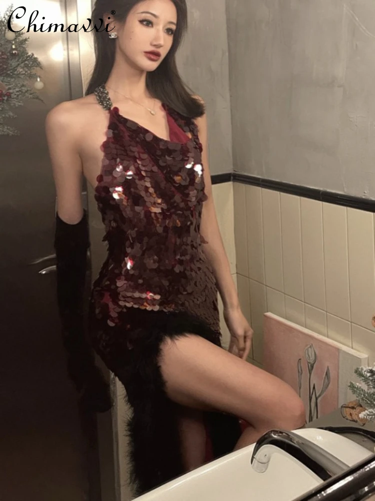 

Retro Fashion Wine Red Heavy Industry High Waist Sleeveless Sequined Backless Women's Dress Summer Slim Fit Birthday Dress