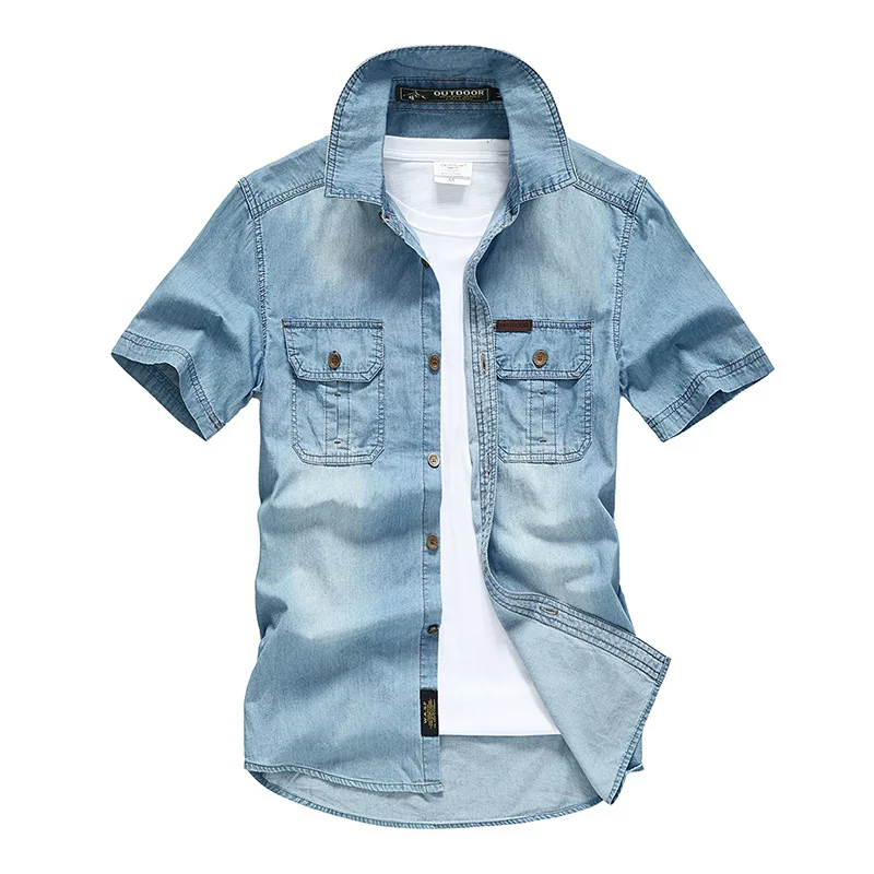 Denim Shirt Men Clothing Short Sleeve Denim Tiki Fashion Blouses Social T-shirts Luxury Hawaiian Cotton denim shirt
