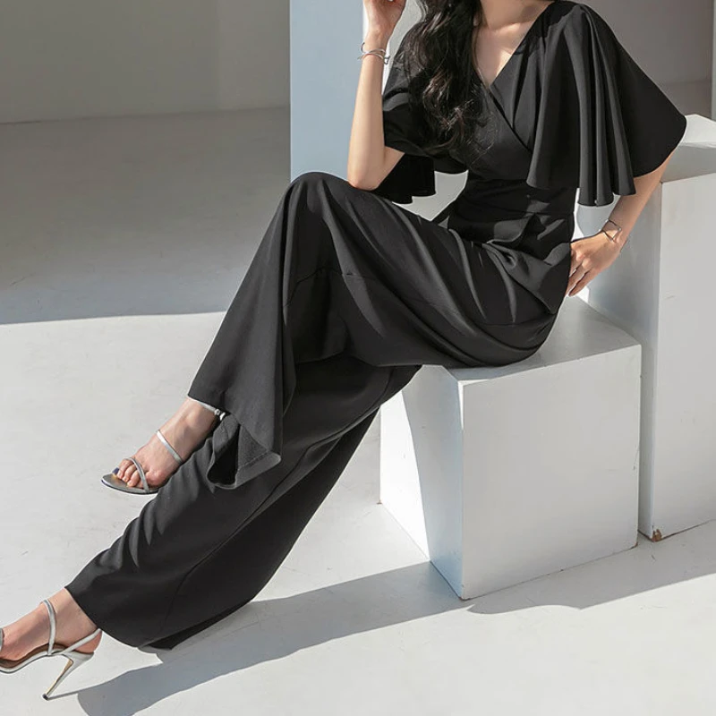 Flying Short-sleeve Jumpsuits Women Loose S-4XL V-neck Black Wide Leg Simple Elegant Office Ladies New Arrivals Summer Fashion