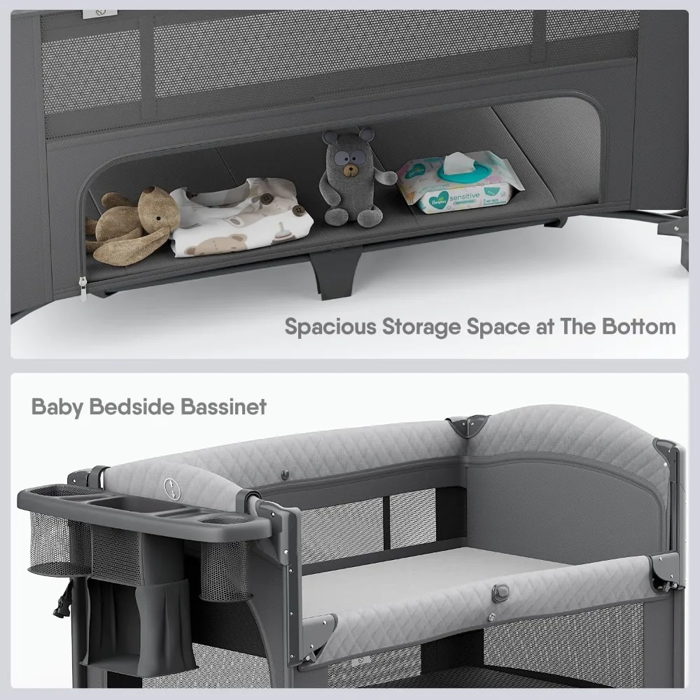 4 in 1 Baby Bassinet, Pack and Play, Bedside Crib Sleeper, Diaper Changer - Comes with Mattress, Mosquito Net，Bottom Storage 5