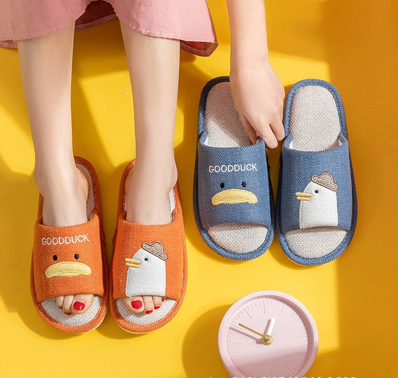 

Cartoon Hooded Duck Linen Slippers Women's Spring And Autumn Indoor Breathable Non-slip Men's Lightweight Mute Cotton Christmas