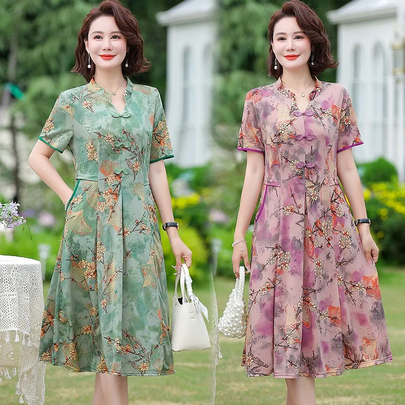 

2024 V-neck Knee Skirts Skinny Dresses Short Sleeve Temperament Premium Printed Vintage Elegant Chinese Style Women's Clothing