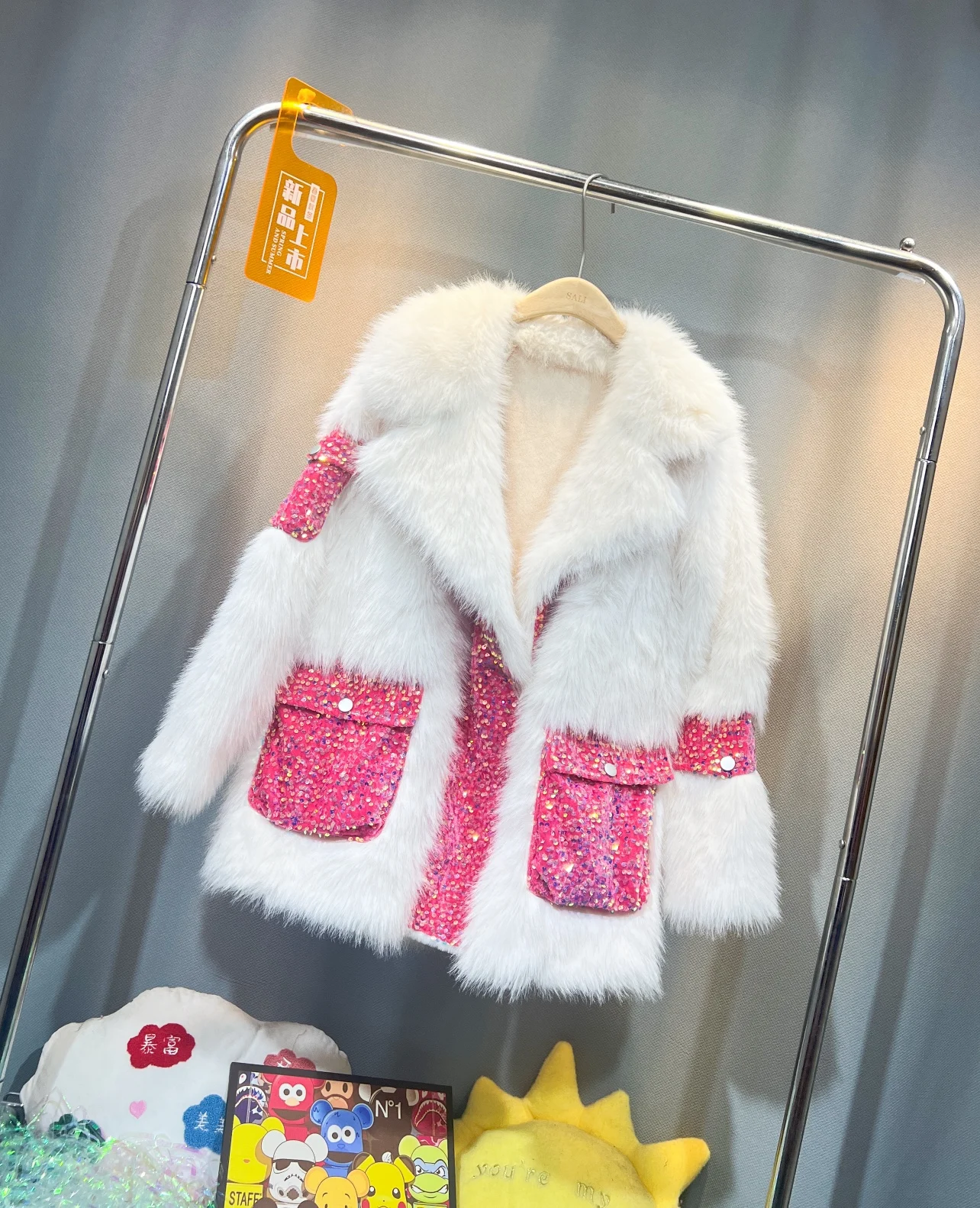 Shiny Sequins Piink Pockets Warm Fur Overcoat Women Winter Thikcen Outwear Mid-long Loose Colorblock Faux Fur Jacket Casual Coat