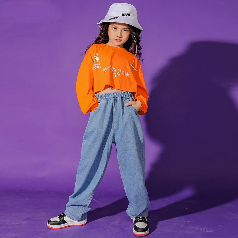 

Джинсы с длинным рукавом для девочек, в стиле хип-хоп, джазовая одежда, детская современная одежда для бальных танцев, сценический костюм для уличных танцев, рейв-одежда