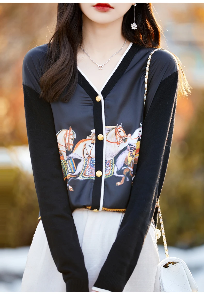 Spring Autumn Women 100% Wool Silk Stitching Sweater New V-neck Printing Cardigan Casual Knitted Soft Jacket Slim Warm Tops
