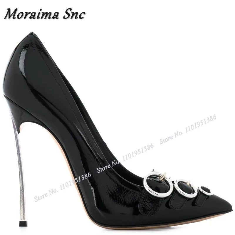 

Moraima Snc Wine Glass Heel Buckle Decor Pumps For Women Solid Shallow Shoes Pointed Toe Slip on Stiletto Heels Zapatillas Mujer