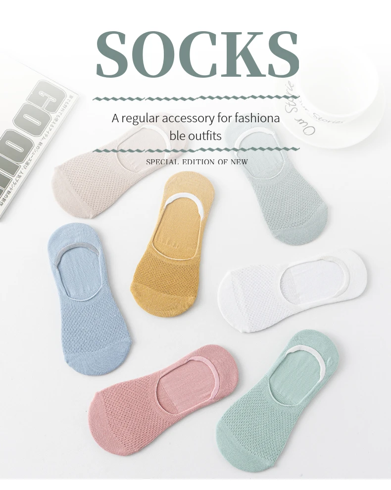Womens Breathable Mesh Boat Socks - 5 Pairs Invisible Low Cut Anti-Slip Summer Socks