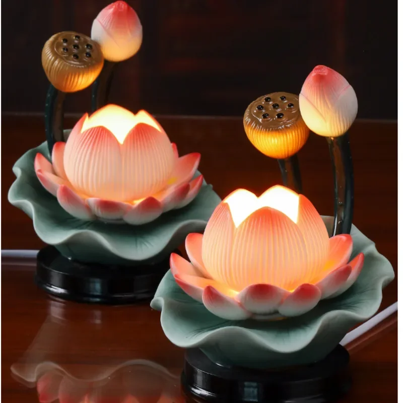 

Chinese Style Offering Buddha Lanterns 6.5-inch Double Branch Lotus Lamp Ceramic Painted LED Lights Buddhist Hall Changming Lamp