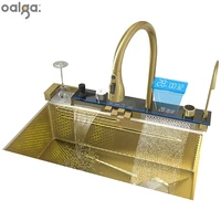 Golden Kitchen Sink Multifunctional Stainless Steel Waterfall Sink Embossed Digital Display Large Single Slot Gold Wash Basin 1