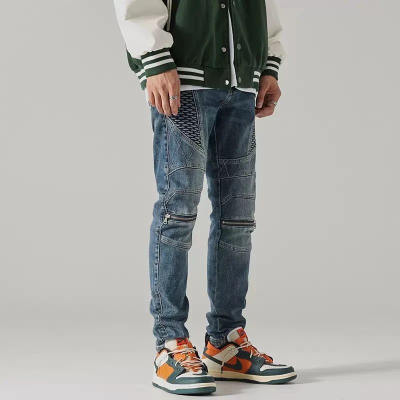 Street Fashion Men Jeans Retro Blue Slim Fit Elastic Spliced Biker Jeans Homme Patch Designer Hip Hop Pants Men Punk Trousers