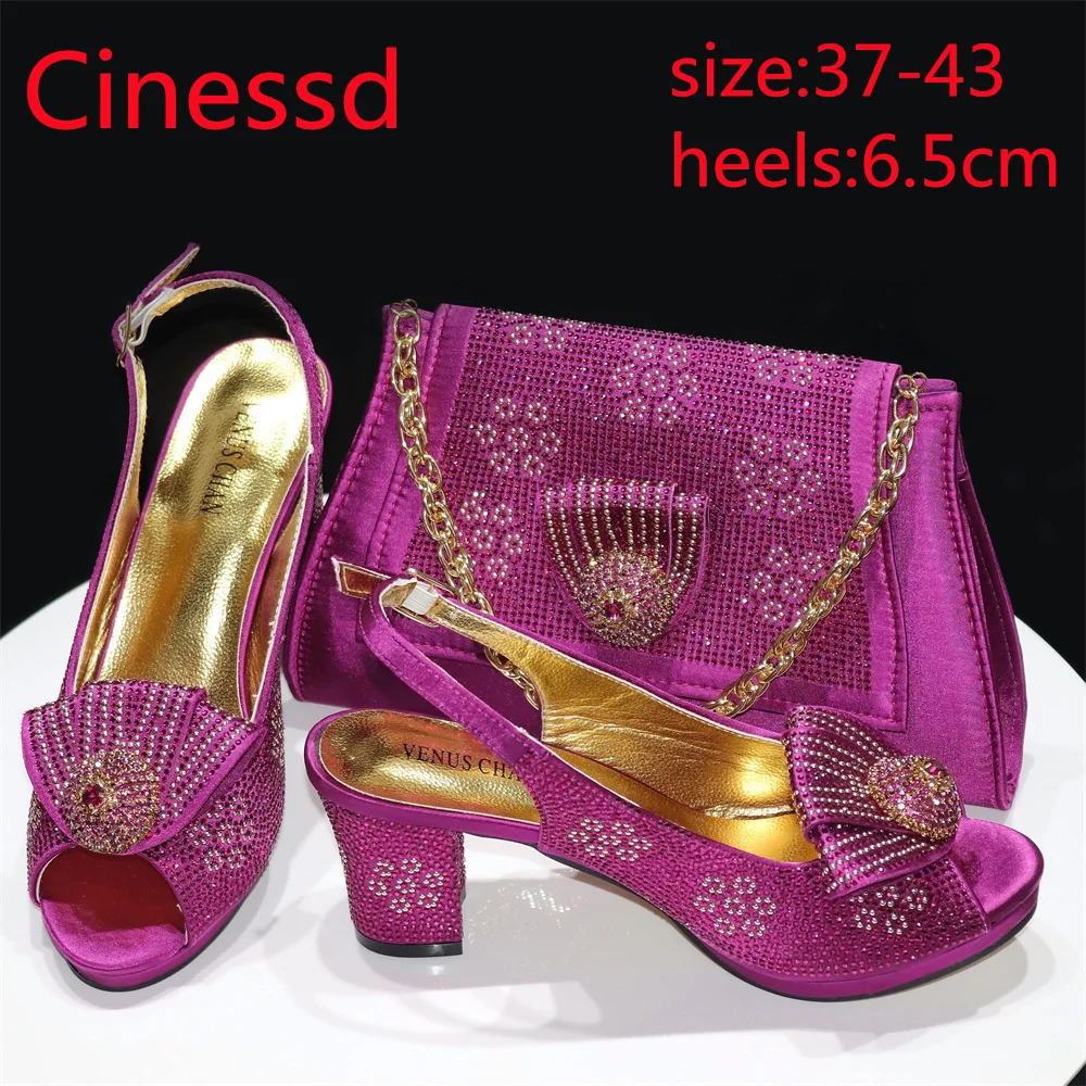 

Classics Style Magenta Color African Women Shoes Matching Bag Set High Quality New Design with Full Crystal for Good Dress