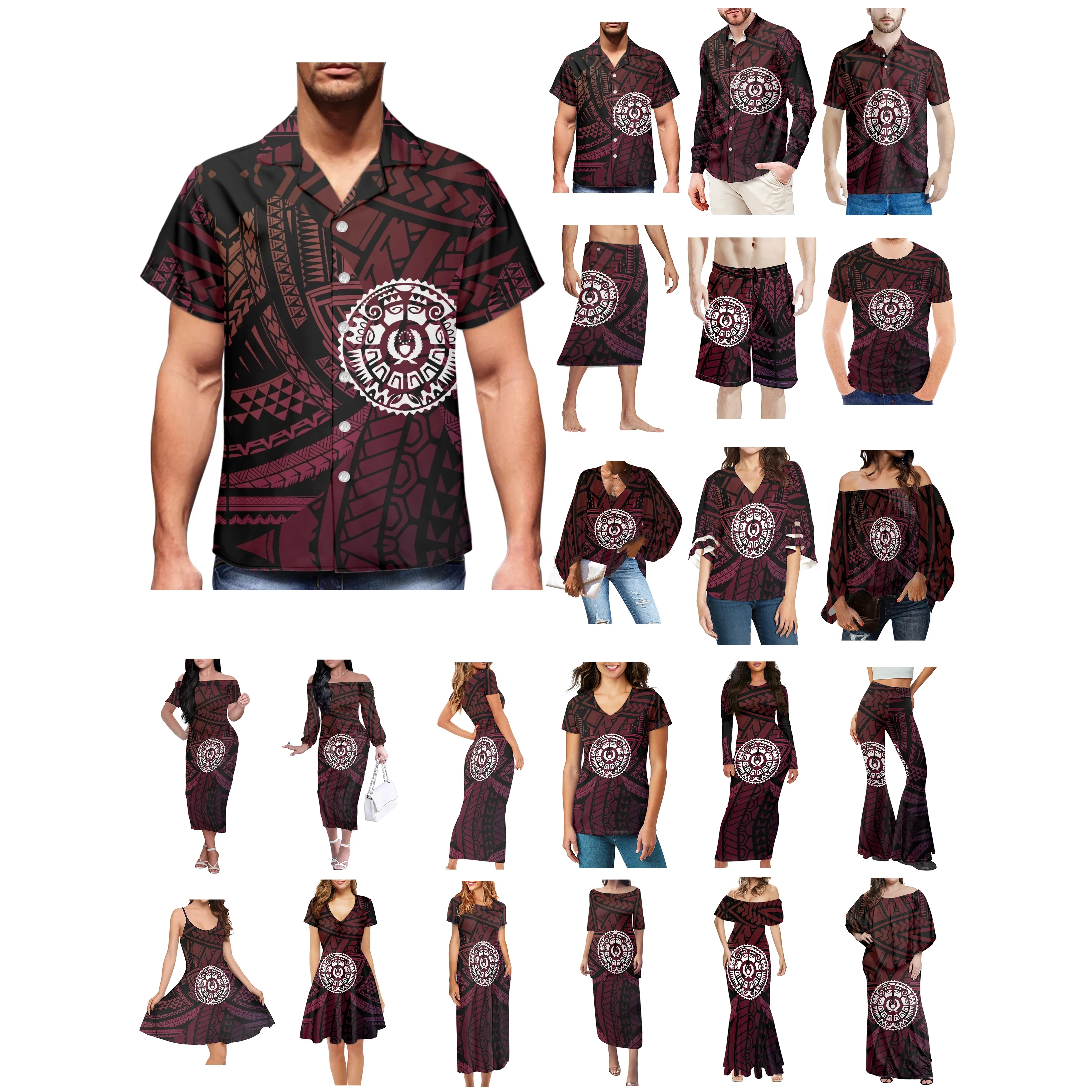 

Polynesian Pohnpei Tattoo Prints Clothes Women Dress Matching Men Shirt New Style Comfortable Breathable Red Black Lovers Clothe