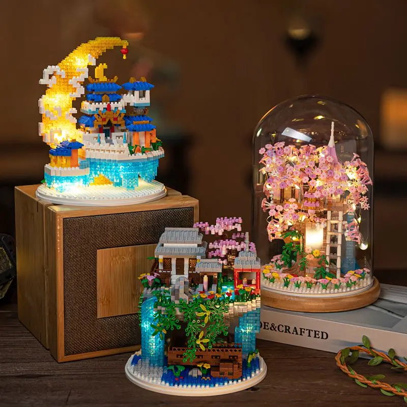 

Peach Cherry Blossoms Block Flower With Light Succulents Potted Building Blocks Romantic Kit Assembly Building Toy Girl Gift Box