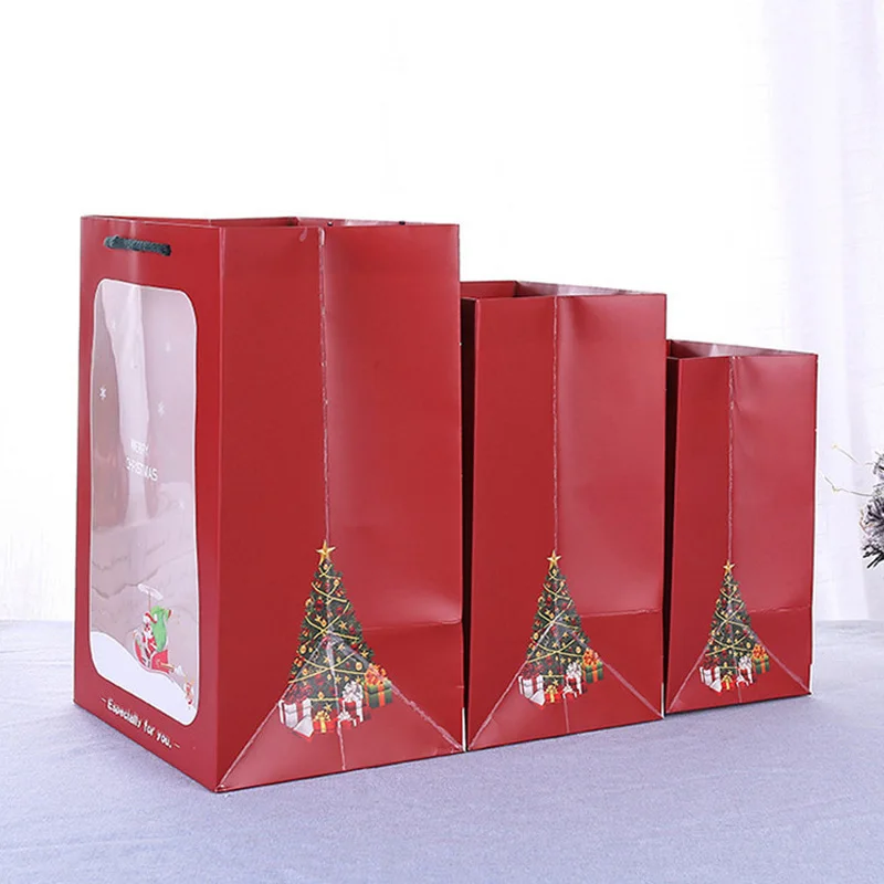 100 Stück rote Weihnachtsgeschenk-Einkaufstasche mit Griffen, Weihnachts-Goody-Tasche mit Fenster, tragbare wiederverwendbare Leckerli-Tasche zum Verpacken von Geschenken – Detail 4