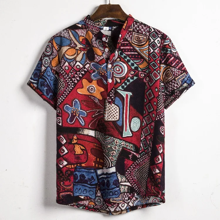 

2019 Summer New Short Sleeve Linen Shirt Indian Ethnic Style Men's Printed Shirt