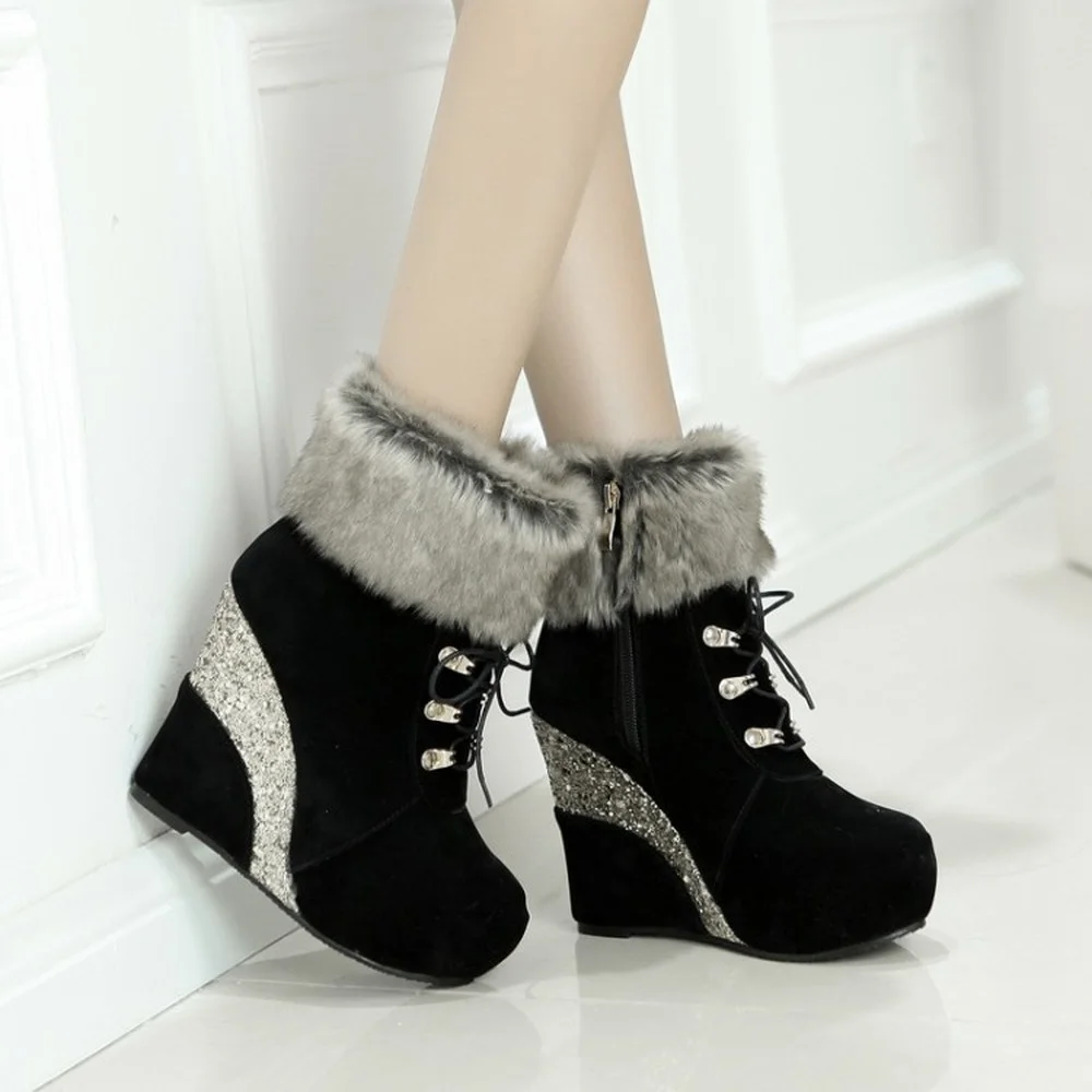 

Womens Platform Faux Fur Ankle Boots Wedge High Heel Sequins Lace Up Warm Winter Shoes Snow Plus Big Size 3Colors SONDR