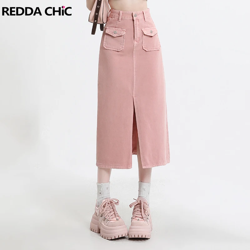 

REDDACHiC Barbiecore Pink Denim Cargo Skirt with Slit A-line High Rise Midi Long Jean Bottoms Kawaii Y2k Korean Women Streetwear