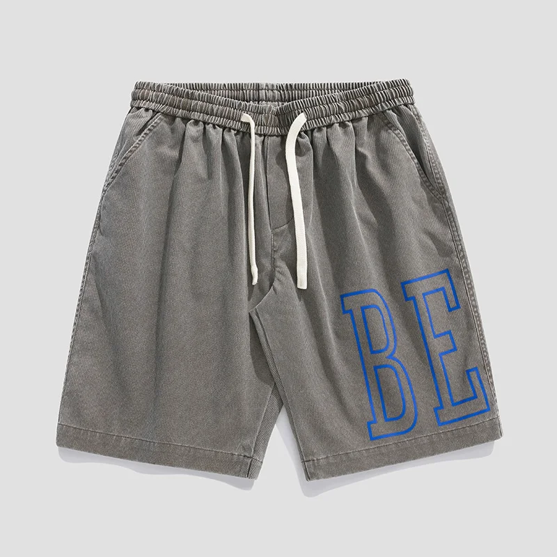 Men's Summer Shorts Casual Drawstring Elastic Waist Printing Straight Retro Pure Wash Sports Shorts Harajuku Wide Leg Pants