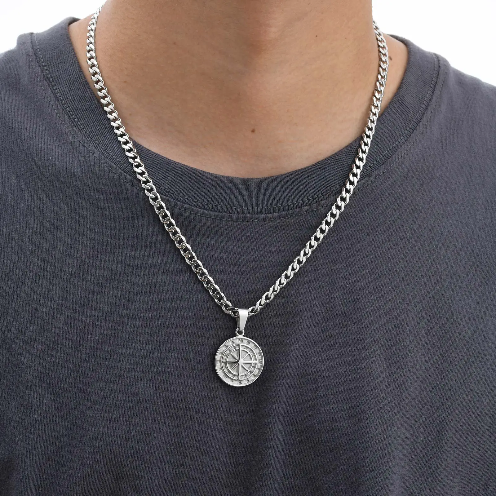Vintage Edelstahl Kompass Anhänger Halskette für Männer, Gold Silber Farbe Runde Münze Design Halskette, Rock Hiphop Schmuck – Detail 3