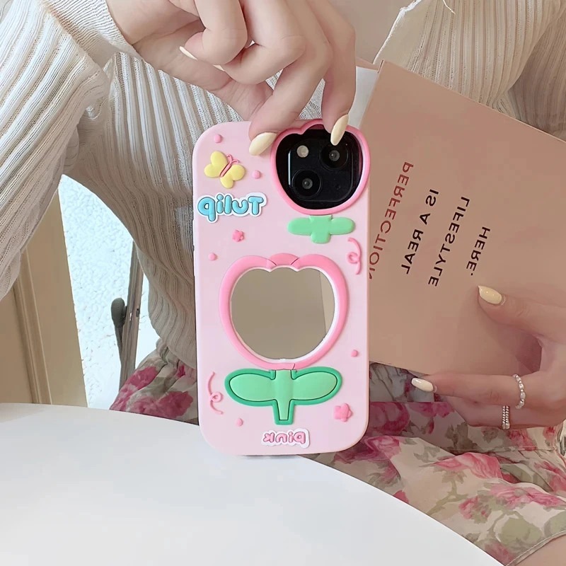 Милый 3D Красивый тюльпан, зеркальный чехол для телефона iPhone 11, 12 13, 14, 15 Pro Max, мягкий силиконовый чехол, противоударный чехол