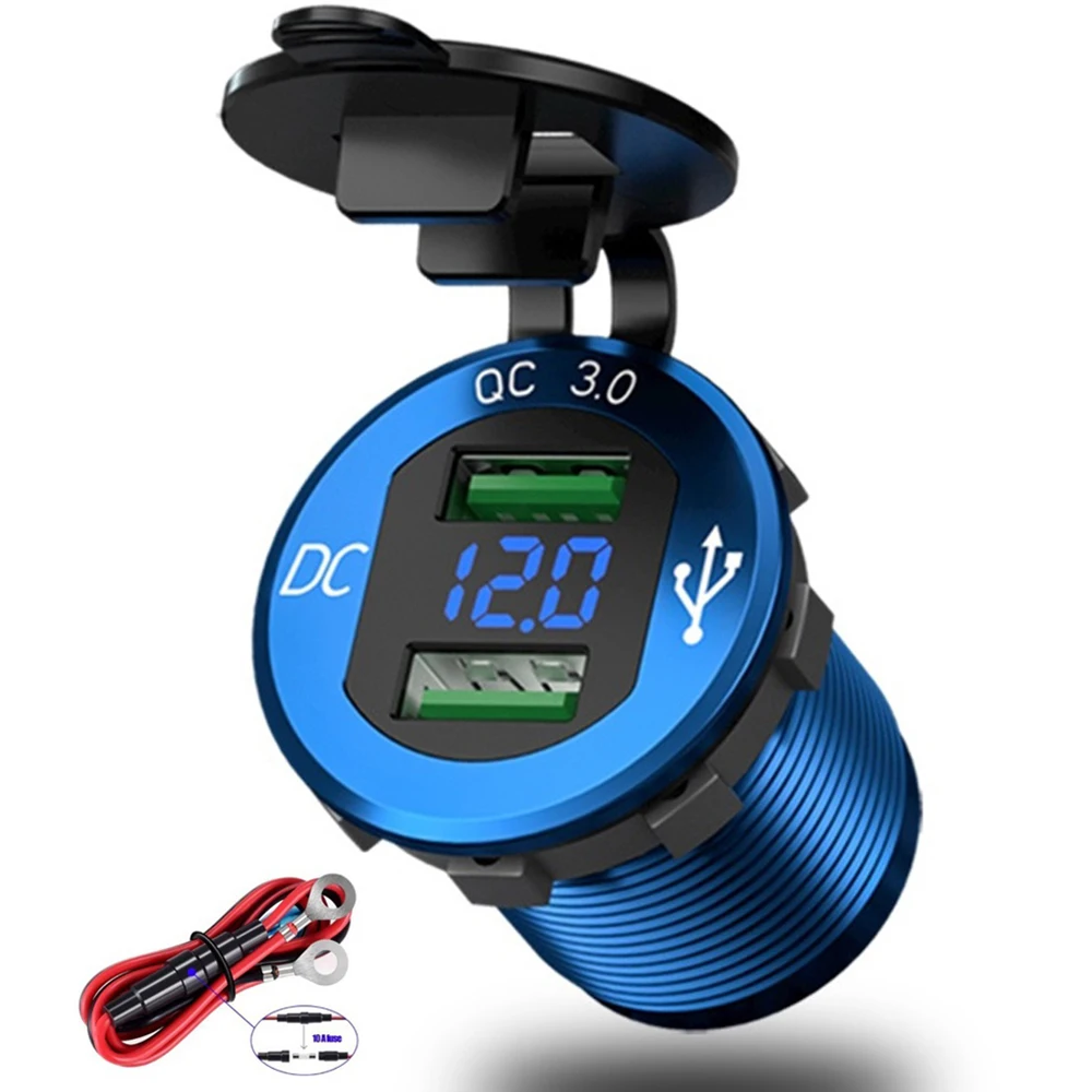 12V 24V Car Quick Charge 3.0 Dual USB Charger Waterproof Socket Aluminum Power Outlet Fast Charge with LED Voltmeter For Car phone charger,car charger,car phone charger