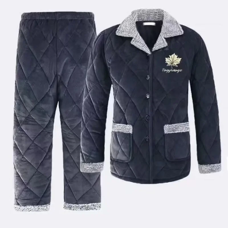 2024 New Pajamas Men's Winter Thick Three-layer Flannel Cotton Jacket Plus Size Sleepwear Set Stand Collar Loose Plush Homewear