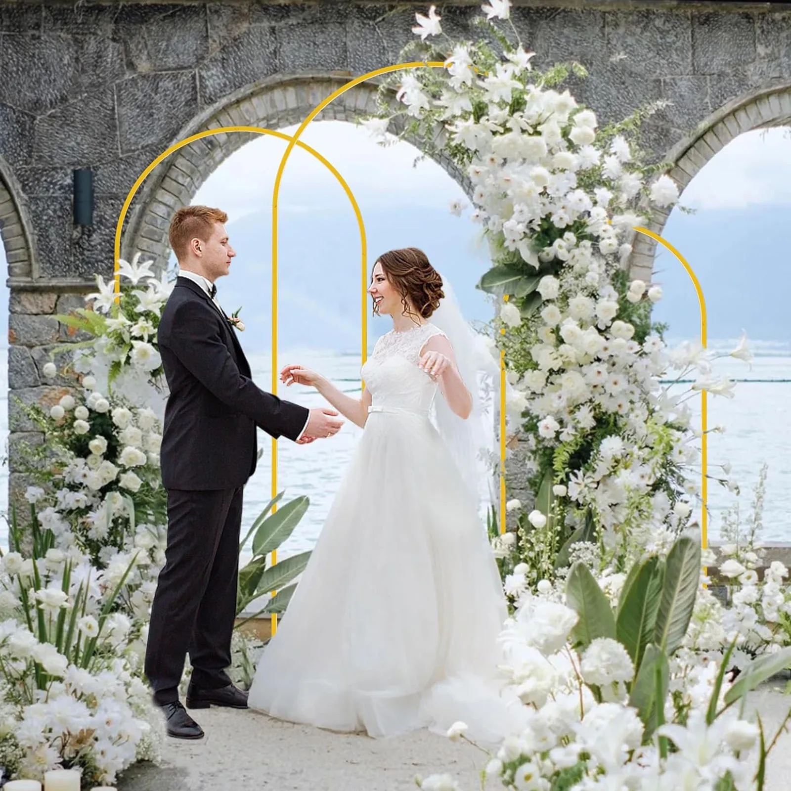 Gold Metal Wedding Arch Backdrop Stand Frame for Birthday Party Ceremony Outdoor Indoor Celebration Decoration Round Top Stand