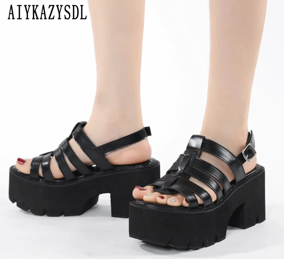 

AIYKAZYSDL Platform Wedge Sandals Rome Gladiator Thick Sole Bottom Chunky Block High Heel Strappy Sandals Plus Size 41 42 43