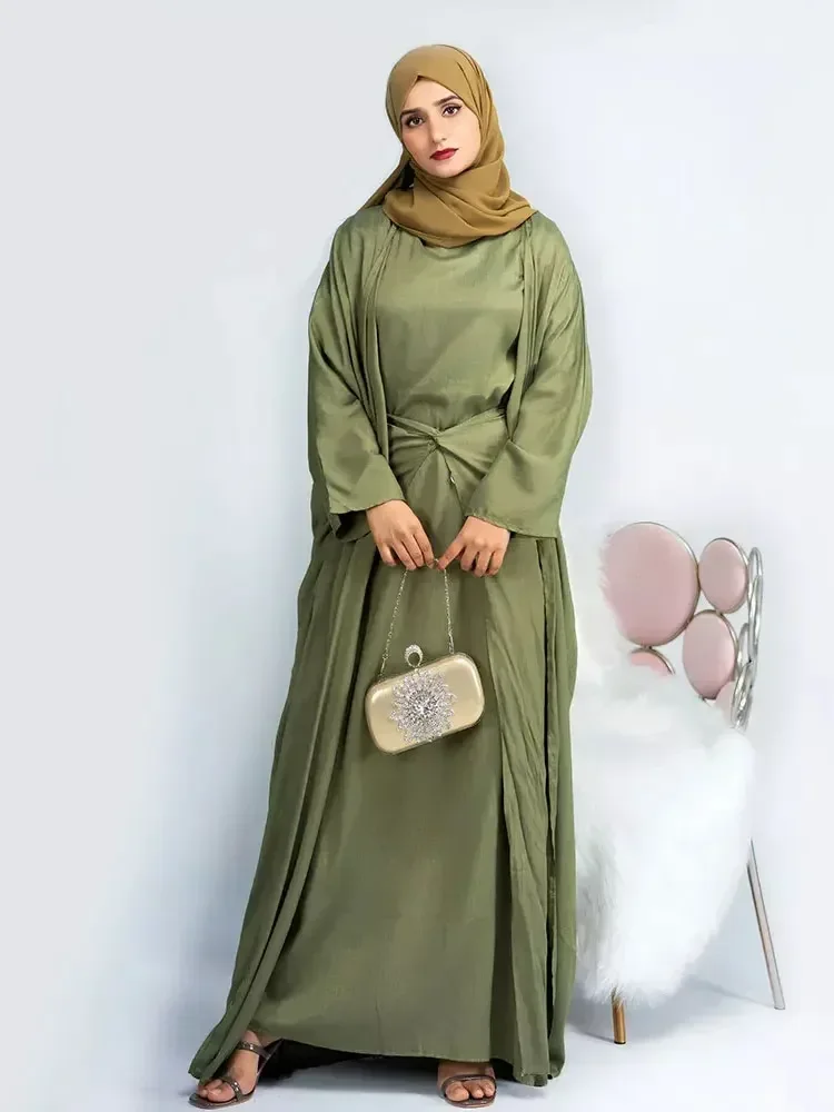 3 Pieces Abaya Kimono Set Matching Muslim Suit Linen Abayas for Women Dubai Turkey Hijab Dress+Wrap Skirt Islamic Modest Outfit