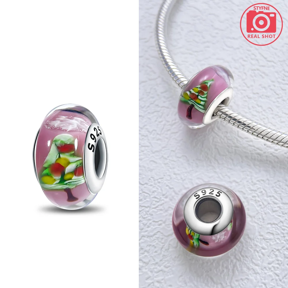 925 Sterling Silver Bracelet Charms Pink Blue Glass Beads